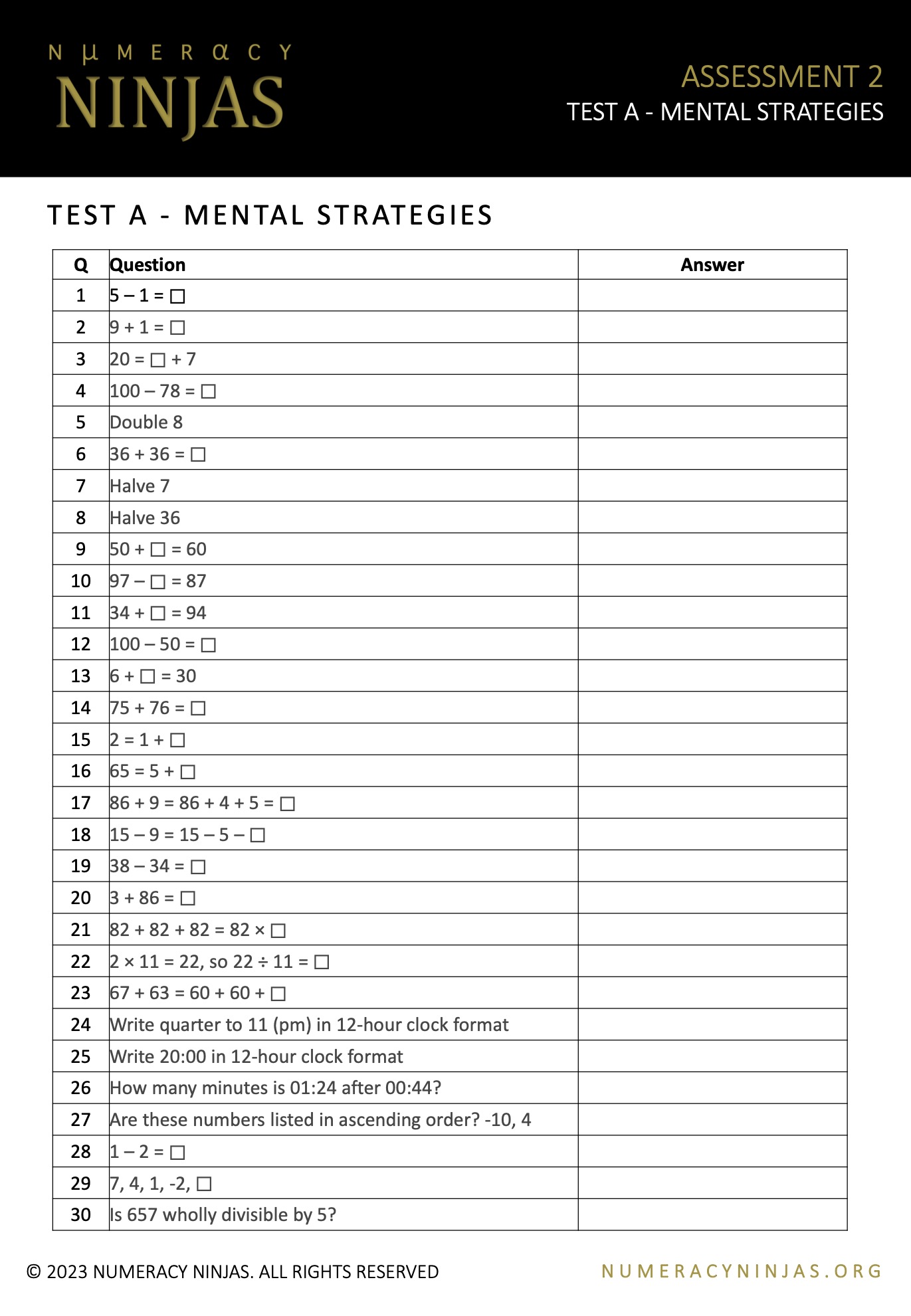 Ninja skills assessment pack numeracy ninjas